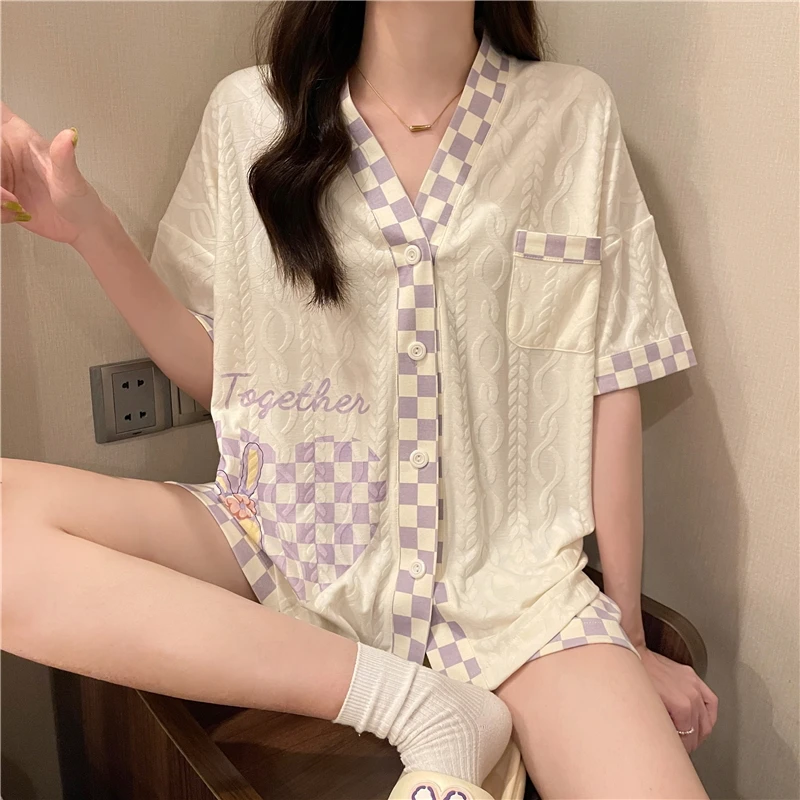 Pajamas Women Summer Cotton Large Size Short Sleeve 2-piece Set Sweet and Cute V-neck Thin Style Home Clothes Free Shipping