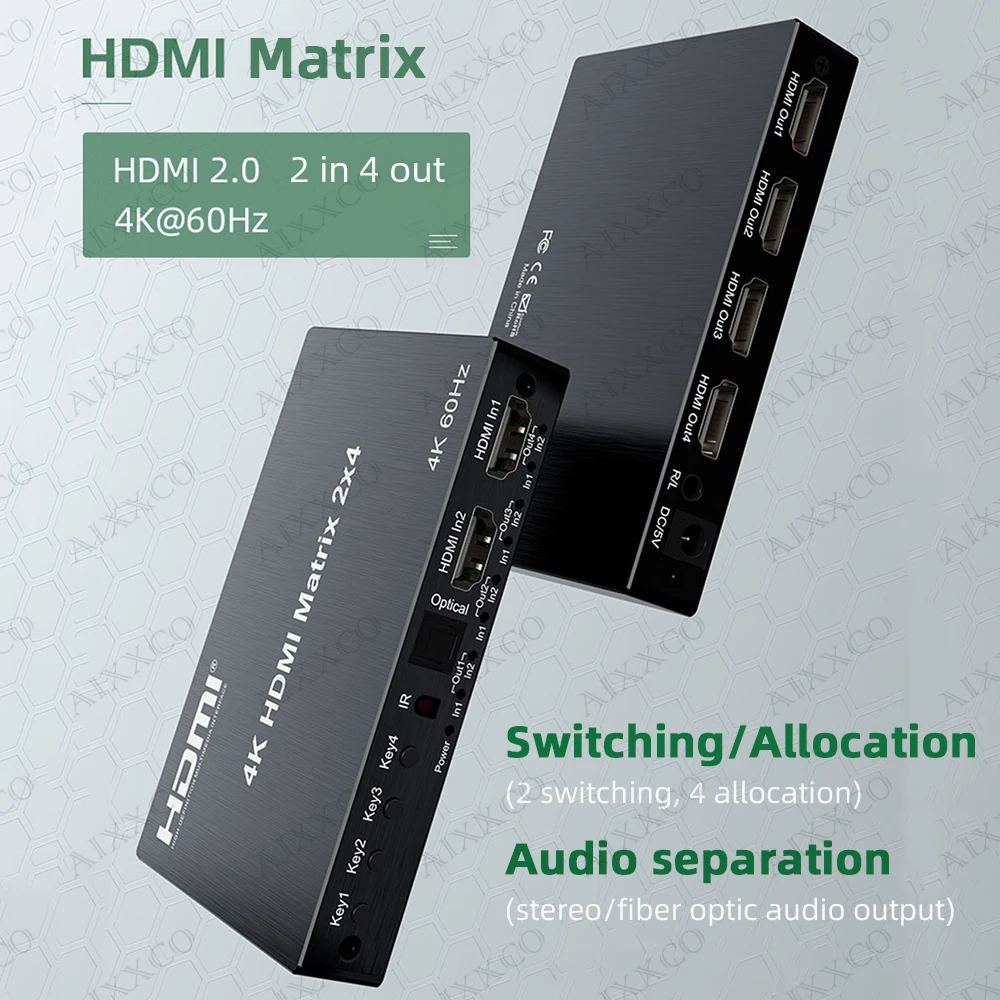 

AIXXCO 4K 60Hz HDMI Matrix Switcher 2x4 HDMI Switcher Splitter 2 in 4 out with Optical/3.5mm Audio Out Extractor with IR Remote