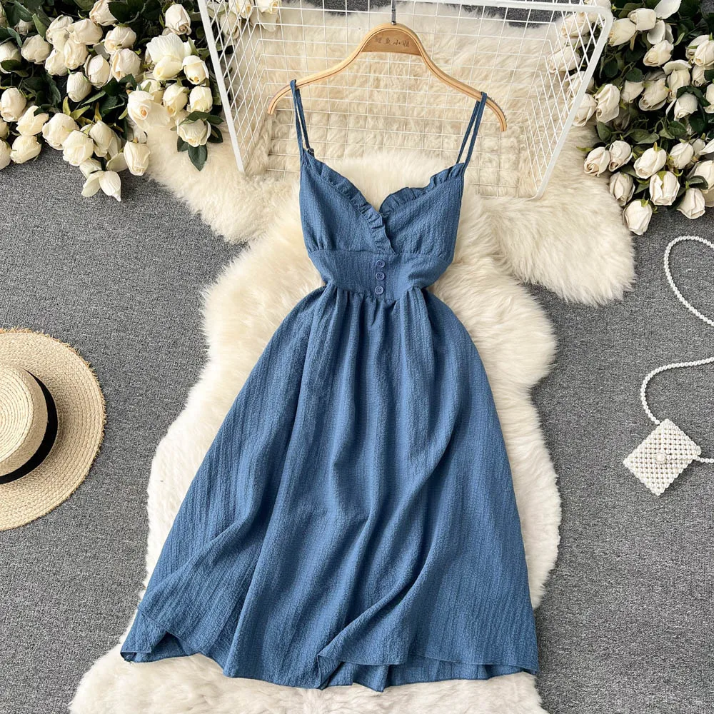 

Women Summer V Neck Sleeveless Casual A-line Dress Korean Clothing Vintage Casual Dresses Vestidos De Mujer D785