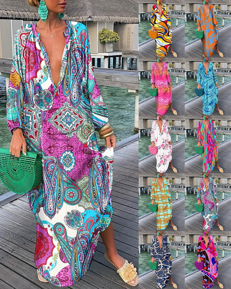 

Women Long Maxi Loose Dress V Neck Sexy Fashion Casual Printed High Waist Ankle Length Summer Dress