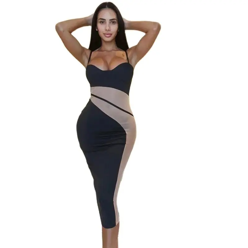 

Women's 2022 Summer New Temperament Fashion Sling Party Club Sexy Low-Cut One-Step Skirt See-Through Mesh Stitching Slim Dress