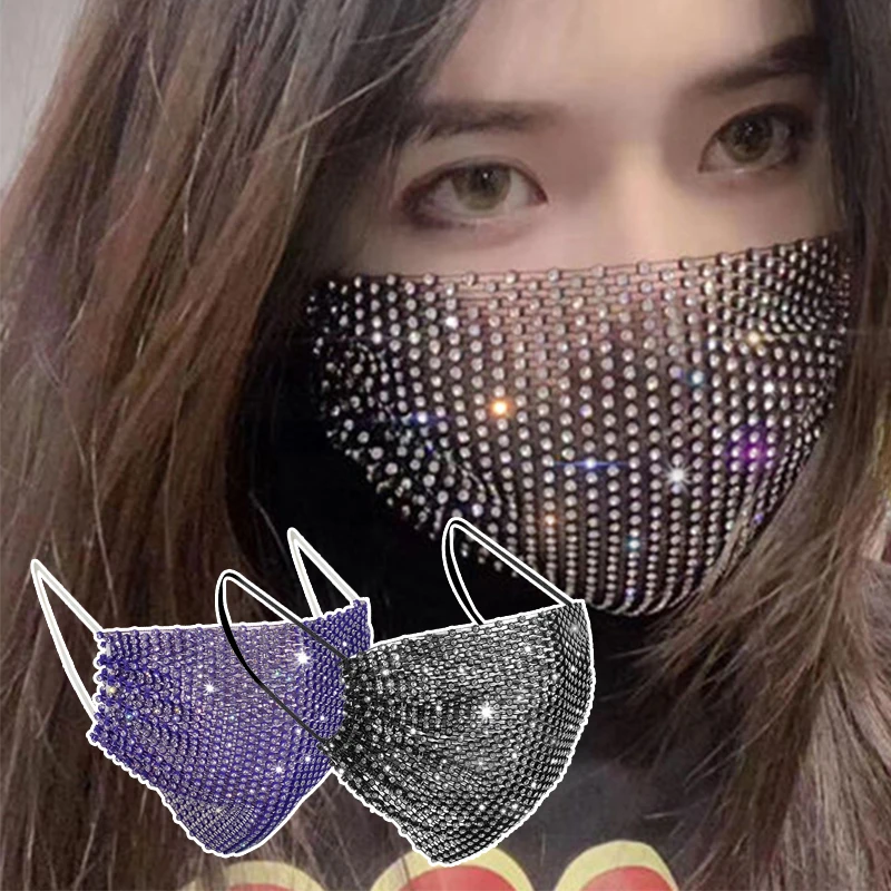 

Shiny Rhinestone Mask Face Decor Bling Elastic Reusable Washable Christmas Masks Face Bandana Jewelry Halloween Party Gift