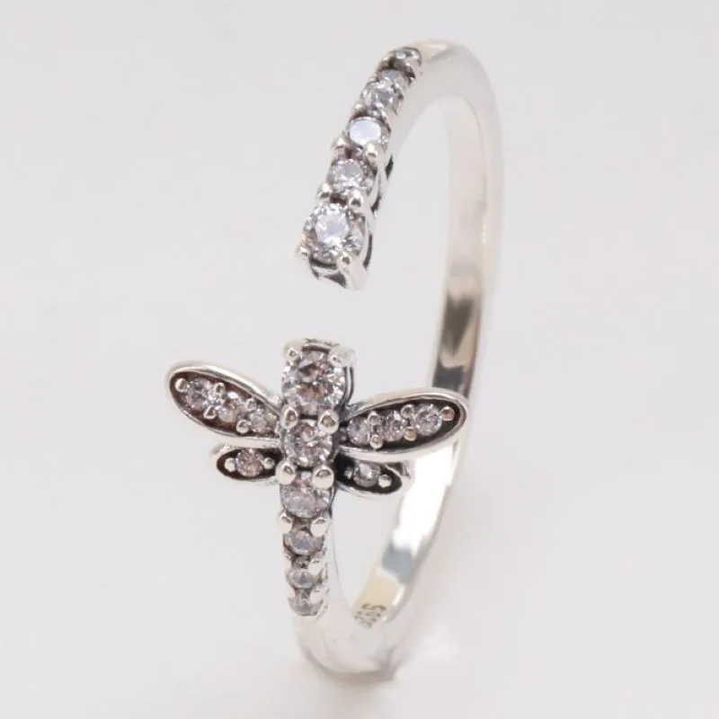 

Authentic 925 Sterling Silver Sparkling Dragonfly Open With Crystal Rings For Women Wedding Party Europe Fashion Jewelry
