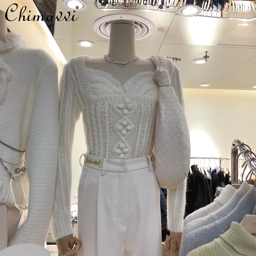 

2022 Spring Fall New Ladies Fashion Classic Style Graceful Knitted Top Women's Western Simple Solid Square-Neck Cinched Sweater