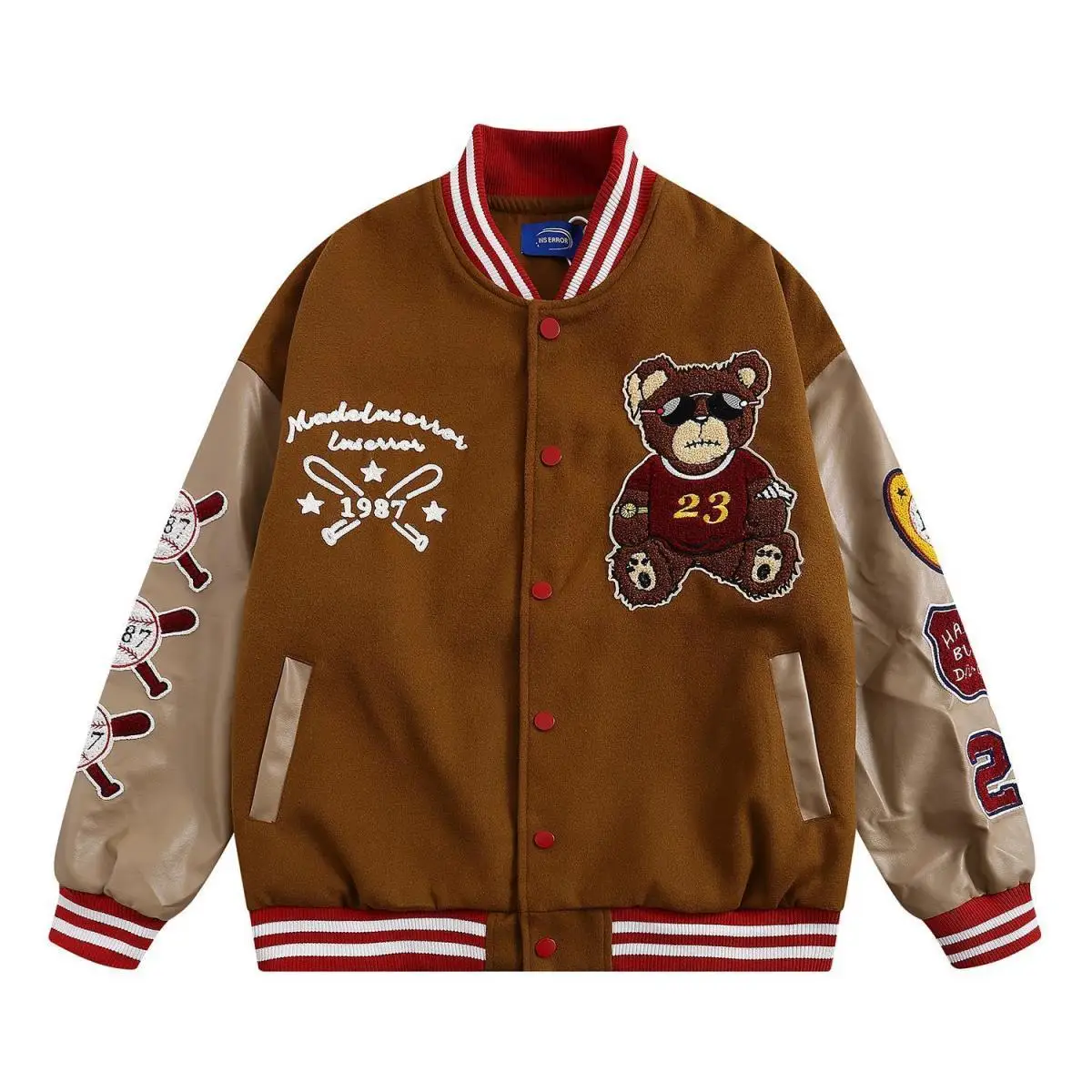Teddy Bear Embroidered Vintage Baseball Jacket Men Oversize Spring Autumn Teenage Varsity Jacket Women Bomber Coats Black Brown