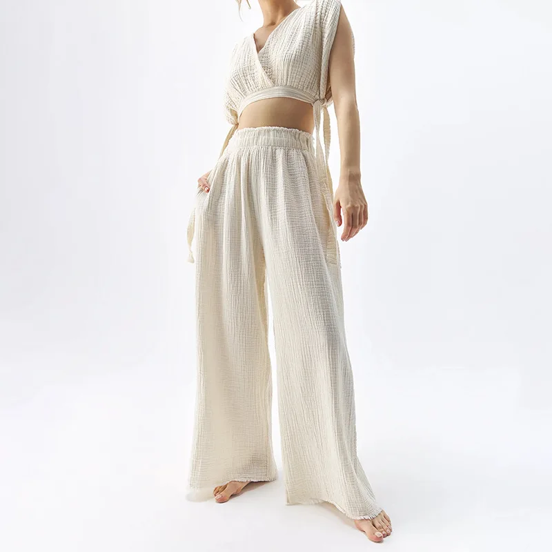 Johnature Casual Women Full Length Trousers 2023 Summer New All Match High-waisted Cotton Wide-leg Simple Pants