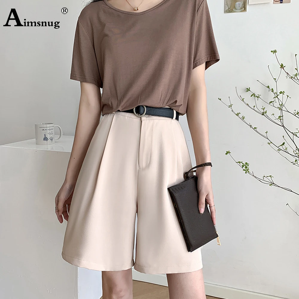 Kpop Style 2022 Stand Pocket Shorts Women High Cut Wide Leg Shorts Ladies Elegant Half Trouser Femme Knee Length Pants Khaki