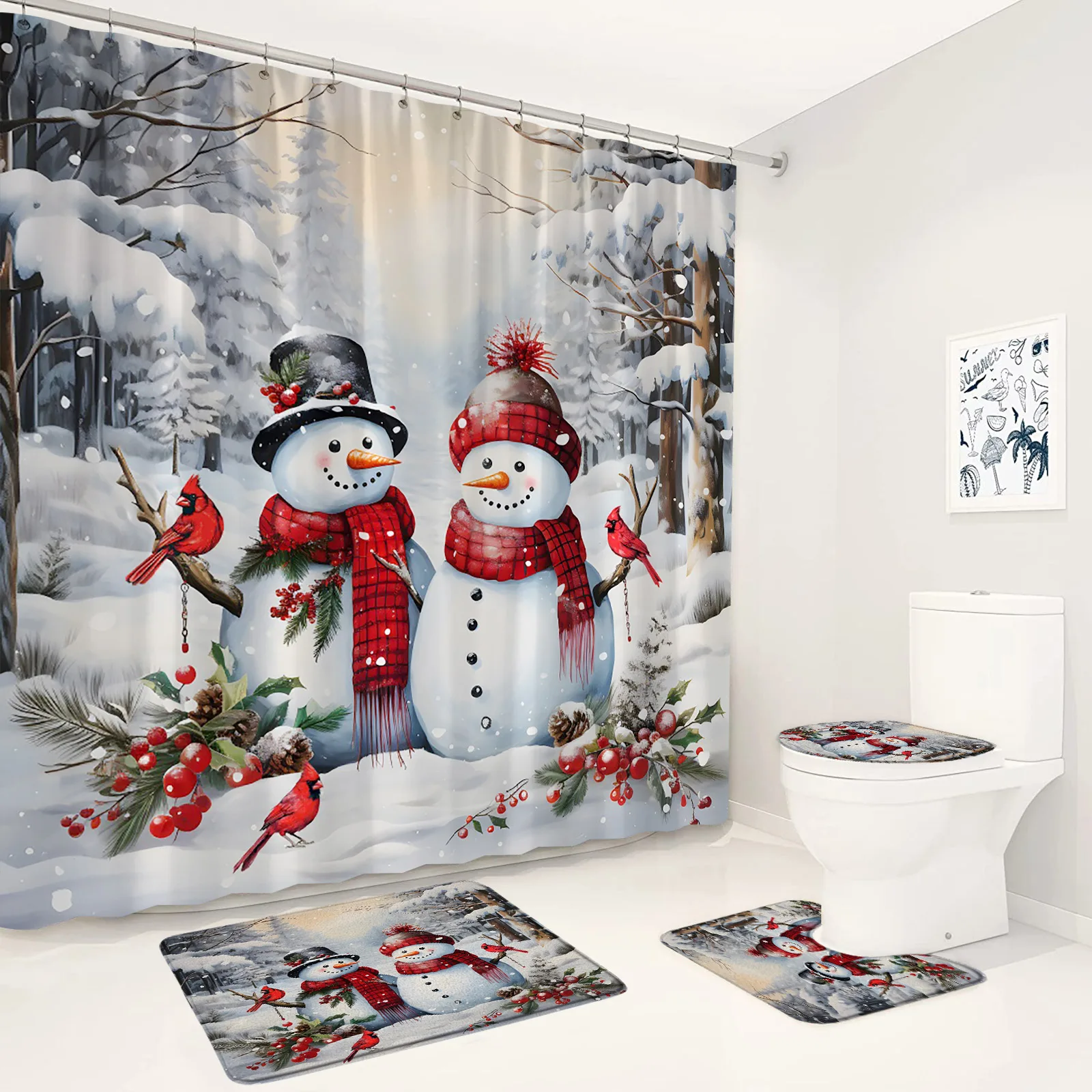 

Набор рождественских занавесок для душа с изображением снеговика, Зимних лесных деревьев, красных ягод, птиц, Рождественский домашний декор для ванной комнаты, коврики для ванной, крышка для унитаза