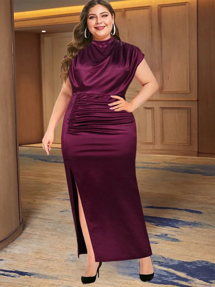 

Burgundy Pleated Satin Long Dress Women Elegant Slit High Collar Slim Sleeveless Maxi Robes Female Oversized Party 2023 Summer