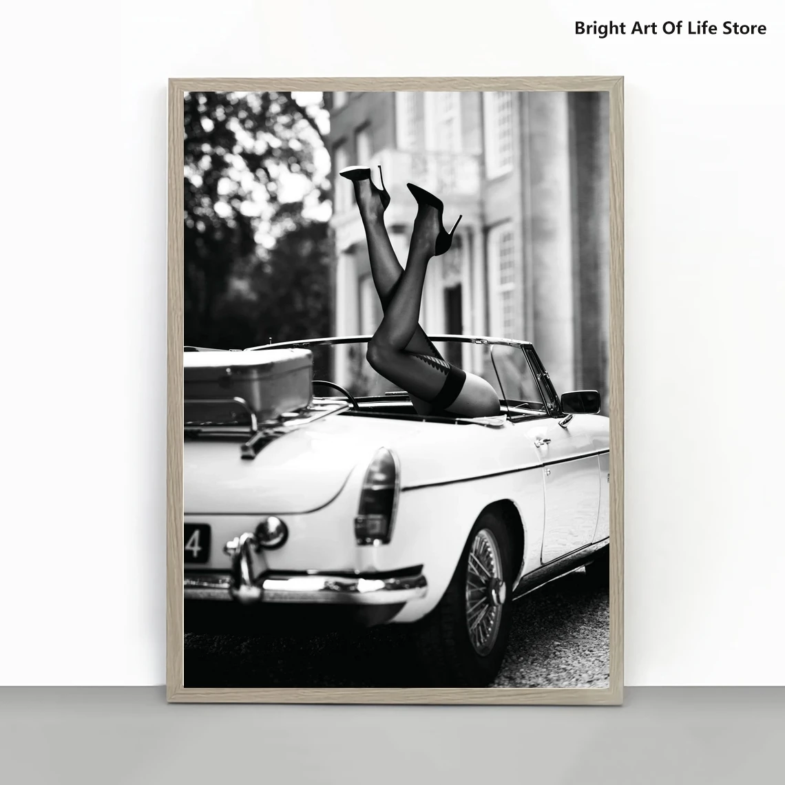

High Heels in Classic Car Poster, Quality Print, Black and White Modern Art Photography Picture, Home Décor Wall Art