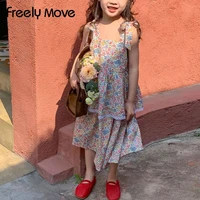 freely move girl dress new childrens clothing summer new cotton beach square collar sleeveless mid length floral girl dress