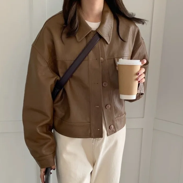 Simple Unisex Leather Motorcycle Wear Women's Spring  Autumn Long Sleeve Black Short Jacket Short lapel top