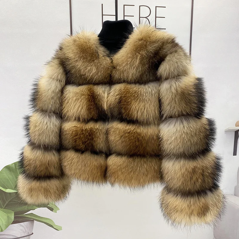 Women Winter Real Fur Raccoon Round Neck Fur Coat Natural Silver Fox Fur Fluffy Warm Thick Jacket Female Big Size Warm Outerwear