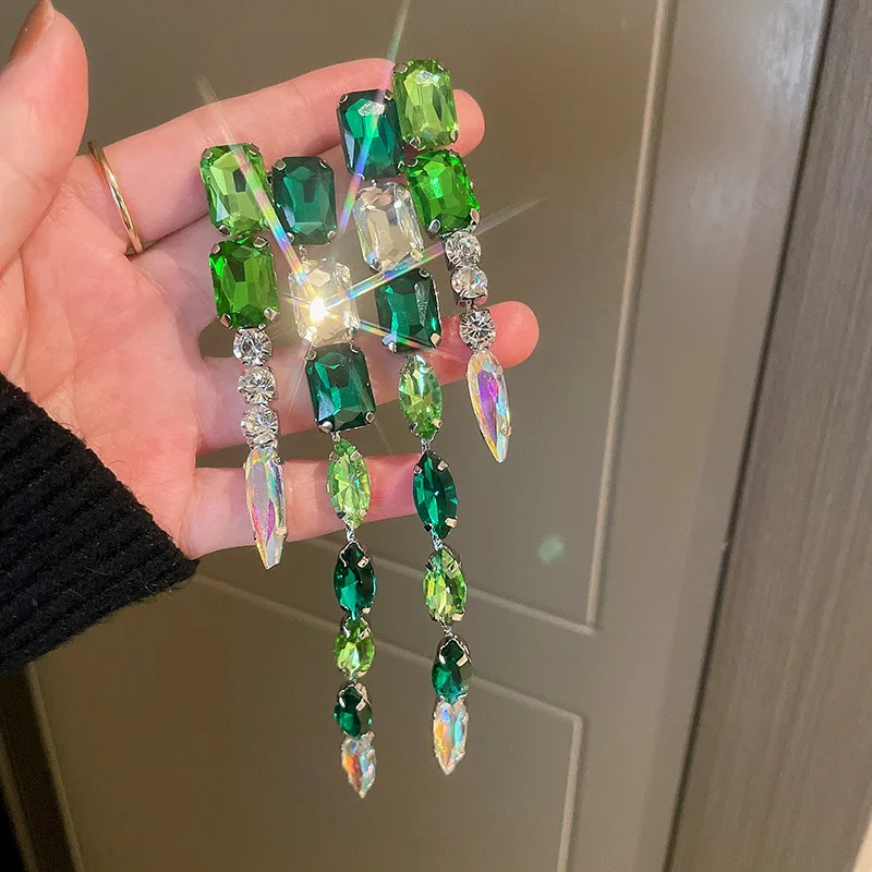 

FYUAN Fashion Square Green Crystal Earrings Oversize Ladys Long Tassel Geometric Dangle Earrings for Women Jewelry Gifts