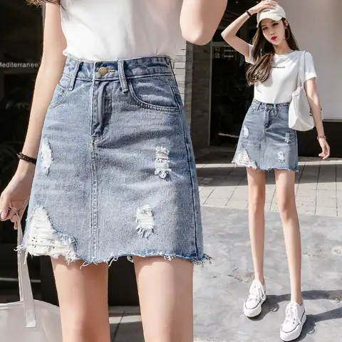 2023 New Lace Stitching Hole Burr High Waist A-line Skirt Pants Denim Women Anti-glare