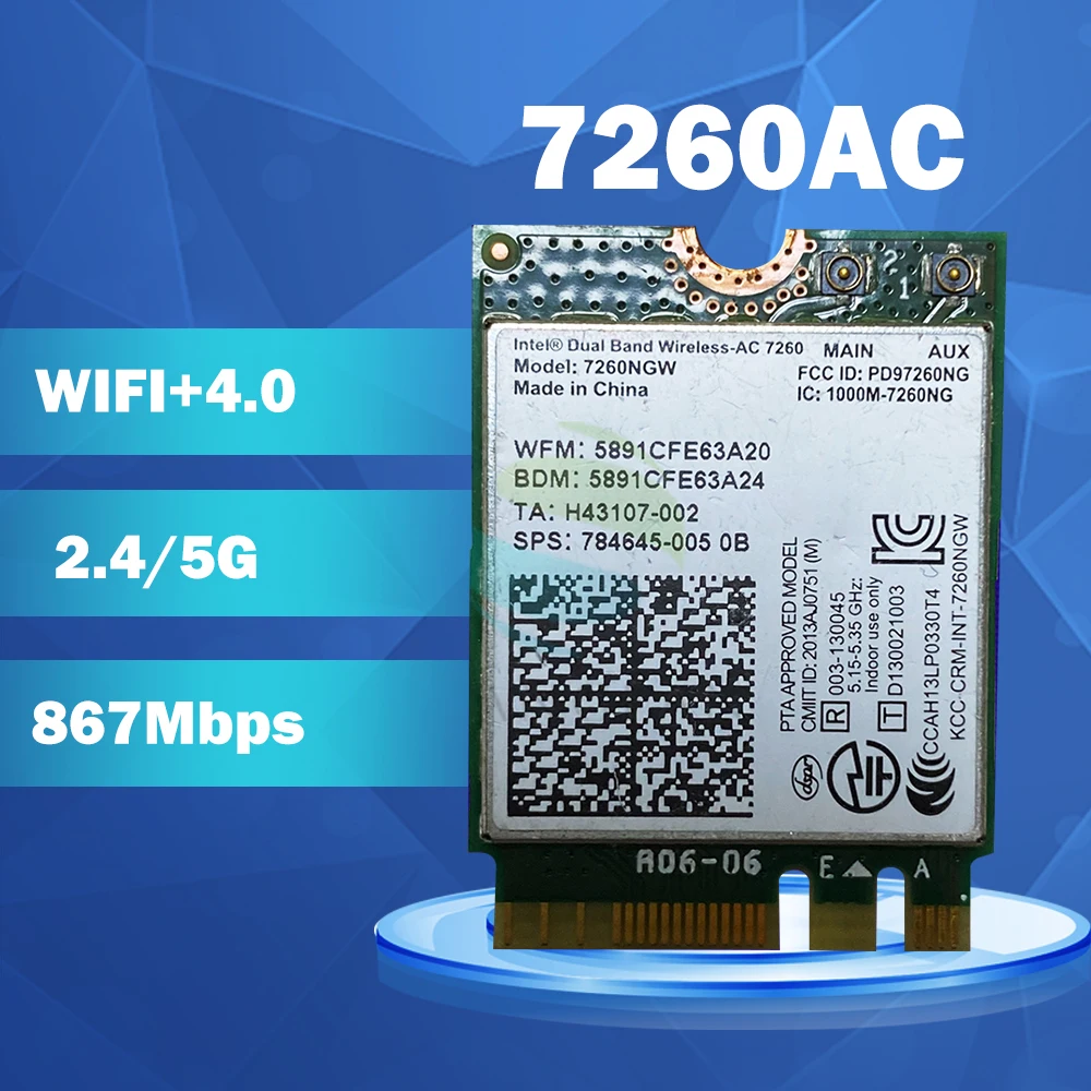 

Wifi Card For Intel Dual Band Wireless-AC 7260NGW 7260NGWAC 7260AC NGFF 867Mbps BT4.0 Wlan Card for HP 810 G2 ZBOOK 15 G2 9480M
