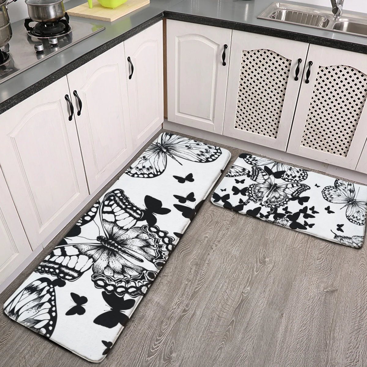 

Kitchen Rug Set of 2 Non Skid Cool Black White Butterflies Unique Machine Washable Kitchen Rugs Mats Set Kitchen Runner Mat Rug