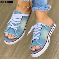 2022 fashion women canvas sandals breathable summer slippers lace up open toe ladies faux denim flat shoes zapatos mujer