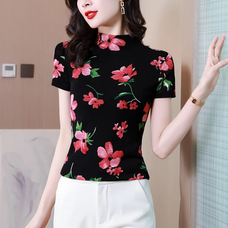 

New Black Elastic Mesh T Shirt Woemn Short Sleeve Floral Print T Shirt Femme Vintage Tight Office Short Womens Tee Shirts Thin