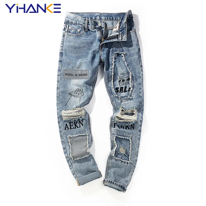 

Spring and Autumn New Men's Jeans High Street Dark Graffiti Print Ripped Straight Jeans Hip Hop Street Style Jeans Para Hombre