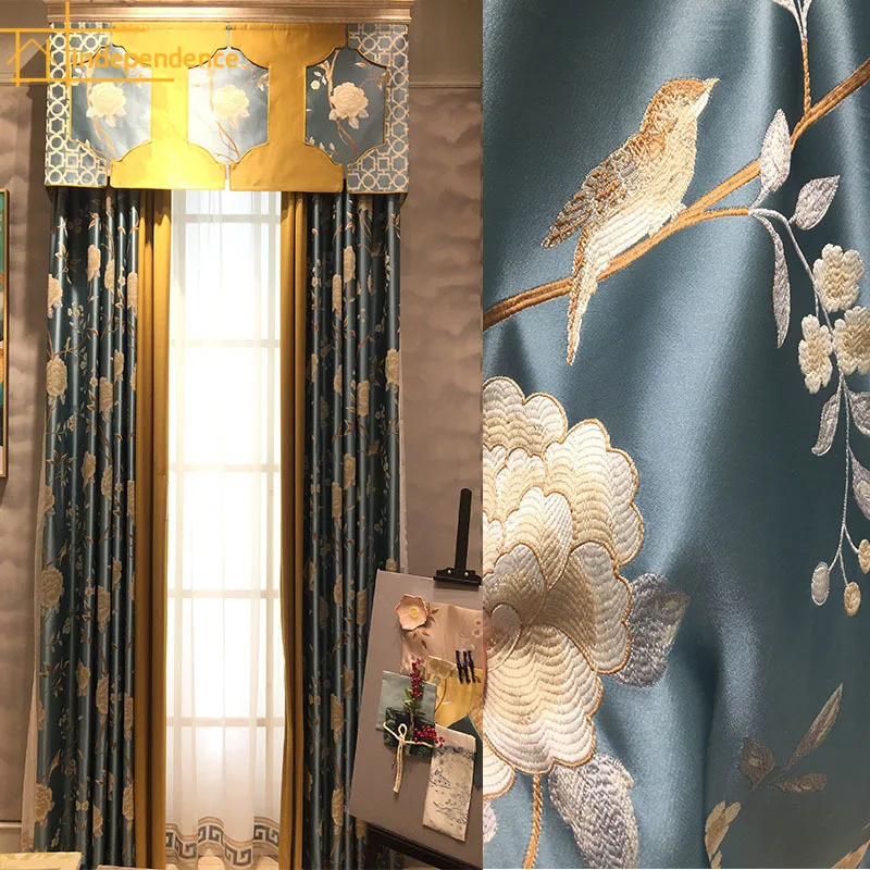 

High-end New Chinese Style Jacquard Imitation Luster Stitching Blackout Curtains for Living Room Bedroom Finished Valance