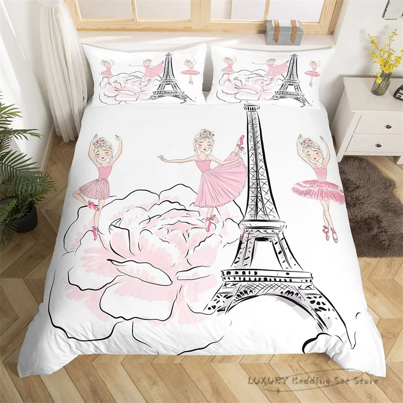 

Duvet Cover Eiffel Tower Ballerina Girl Flowers Girls Room Decoration Holiday Gift Kids Adults Bedding Set Single Double Queen