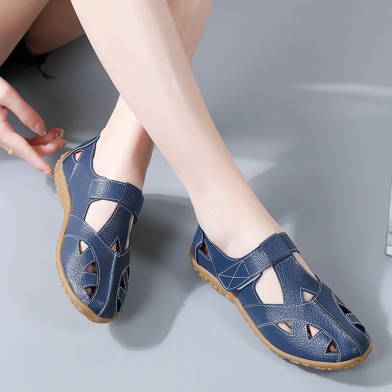 Ladies Comfortable Fashion Outdoor Sandal Open Hole Shoes Breathable Flat Beach Leather Casual Women's Shoes Plus Size 35-43