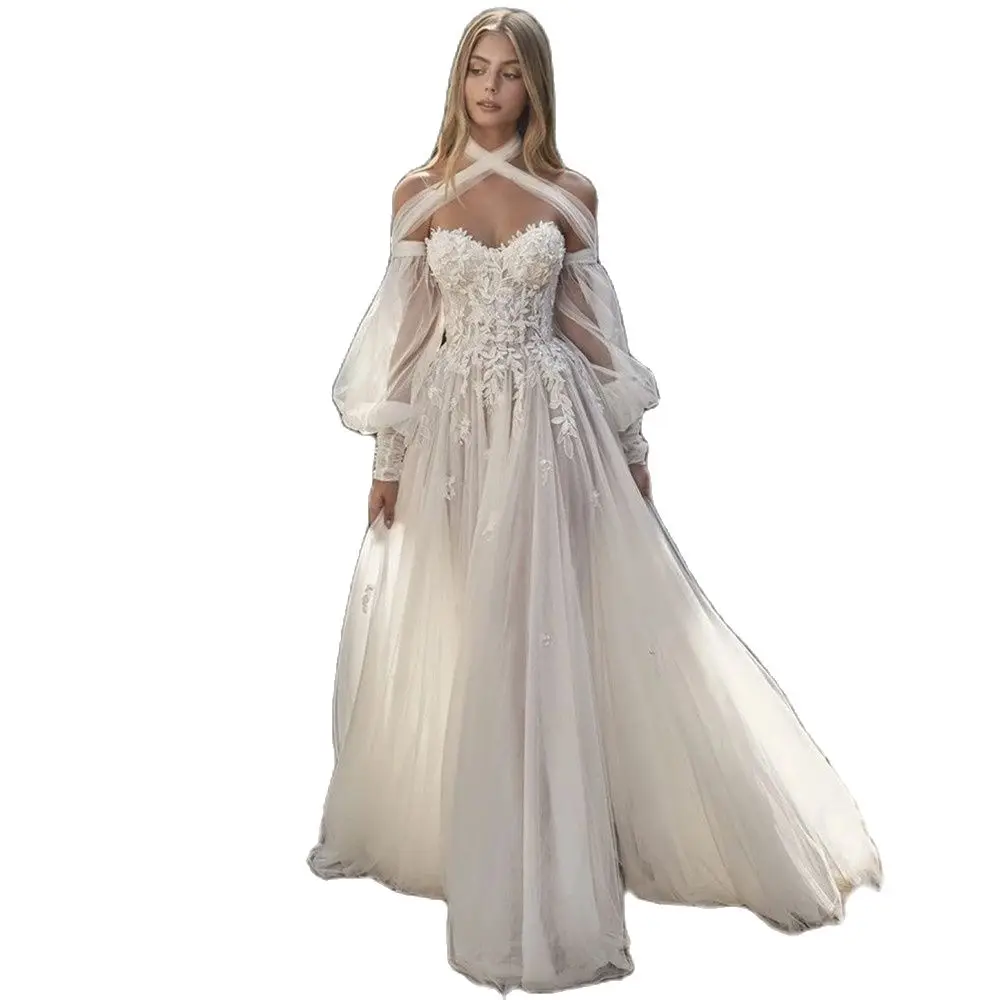 

Miss Veil Sweetheart Wedding Dress Off Shoulder Tulle Beach Backless Bridal Gown A-Line Lace Appliques Train Vestido De Novia