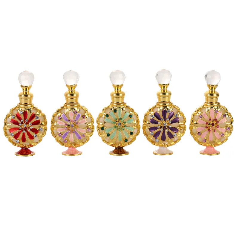 

60 X High Grade Flat Shape Perfume Bottles Empty Golden Vintage Decorative Fancy Crystal Refillable Glass Perfume Bottle 10ml