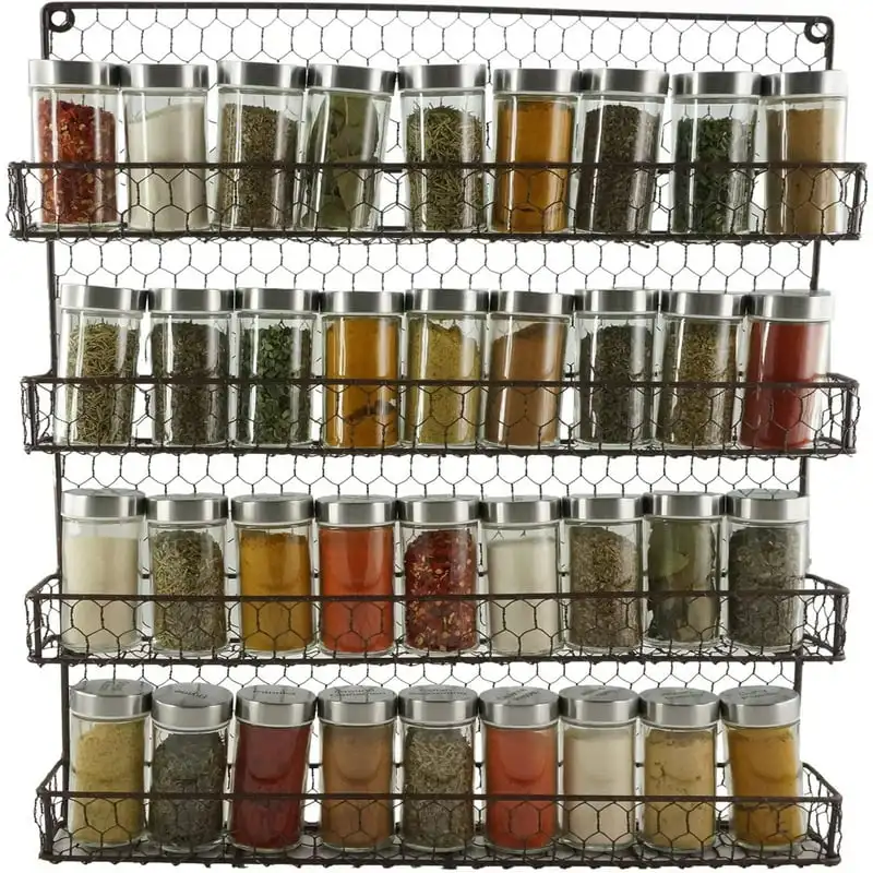 

Spice Rack Kitchen Wall Mount 4 Tier Metal Wire Spices Organizer Pantry Cabinet Chicken Wire Hanging Wall Mounted Cupboard Herbs