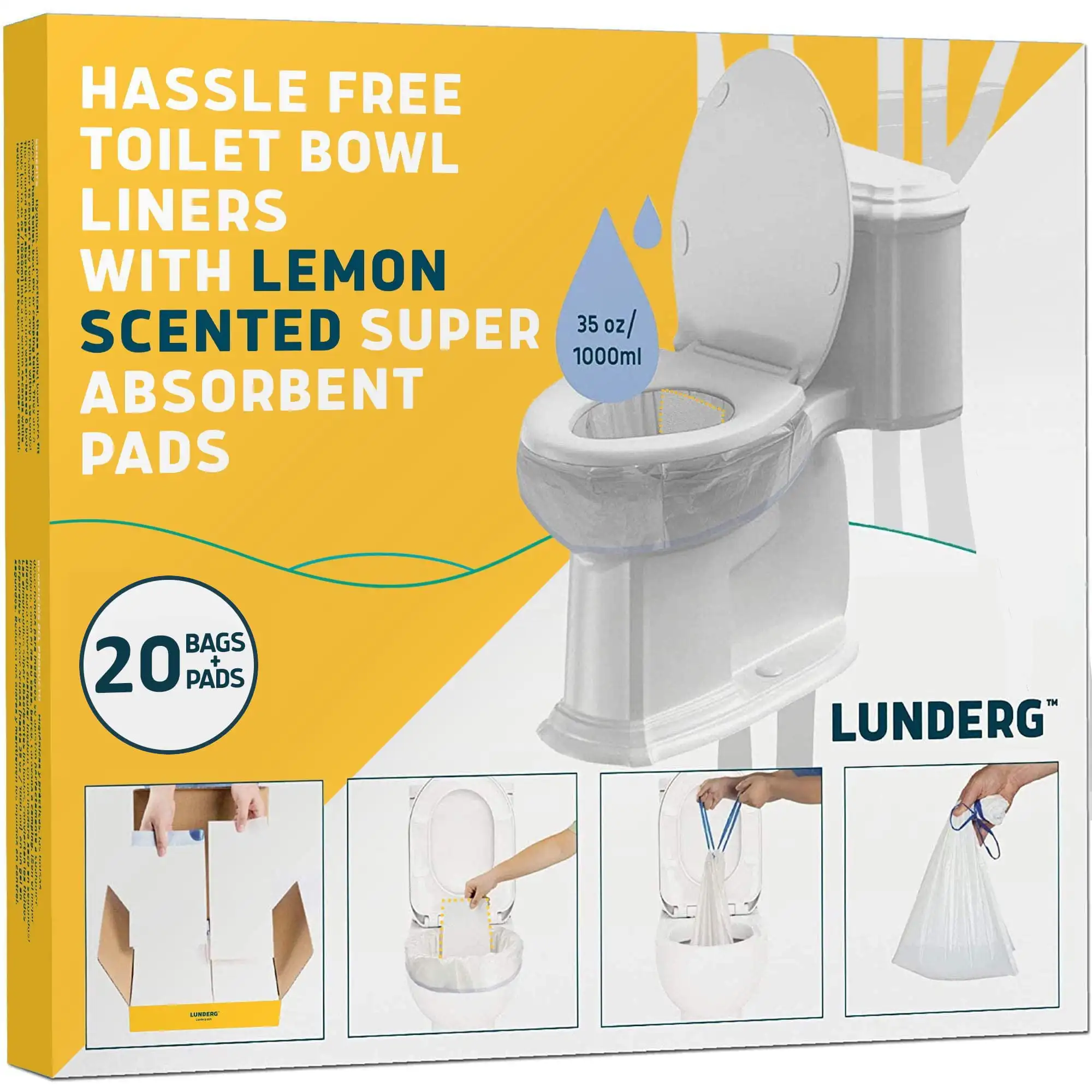 

Toilet Bowl Liners with Lemon Scented Super Absorbent Pads - Value Pack 20 Count Universal Fit - Disposable Toilet Bags to Conve