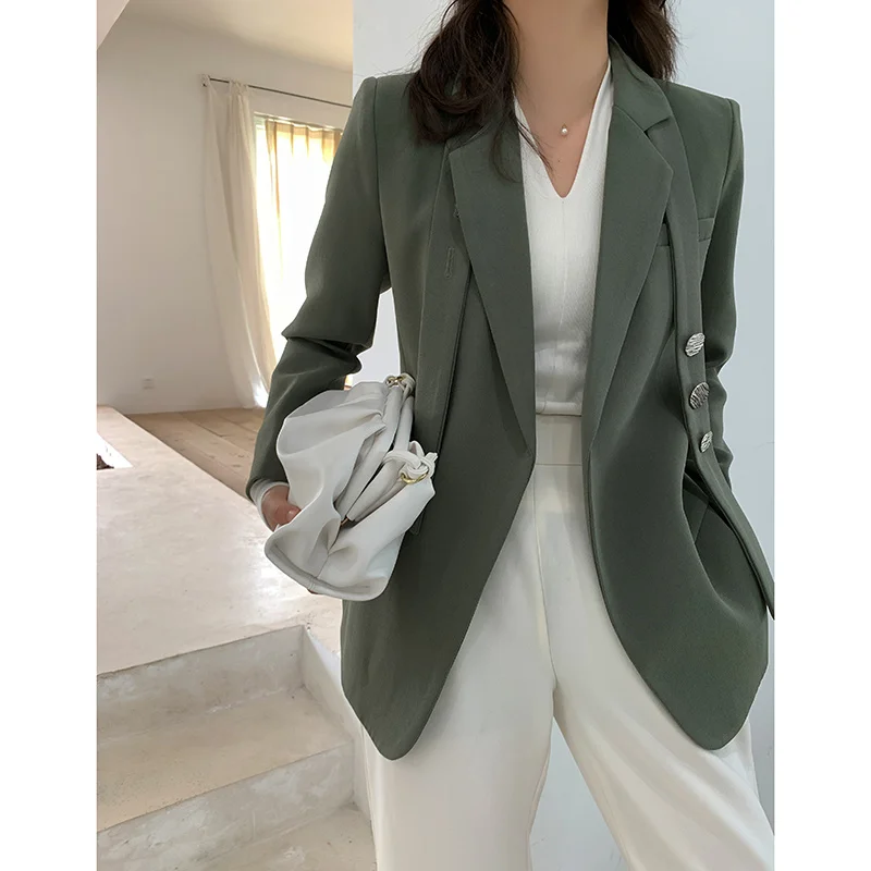

Office Women Autumn Work Lady Suit Blazer Feminino Business Femme Casual Green Notched Belted Jacket Blazers Coat Mujer