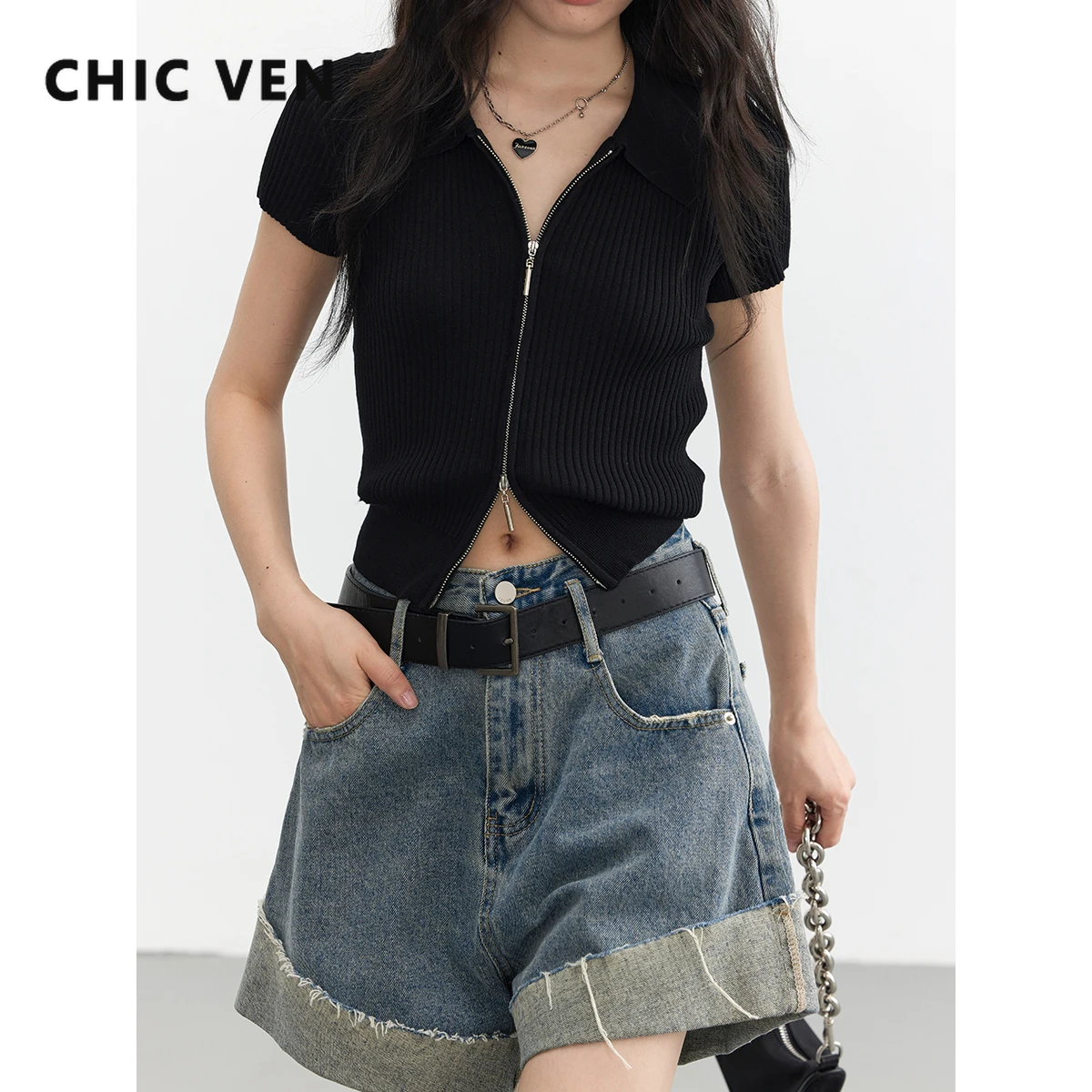 

CHIC VEN Women's Cardigan Zipper Solid Female Sweaters Knitted T-shirts Short Sleeved Woman Top 2023 Summer Pullovers