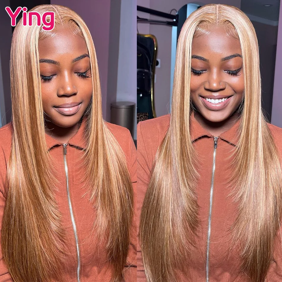 

Ying Bone Straight Highlight #27 Honey Blonde 13x4 Transparent Lace Wig Remy Preplucked Natural Hairline 13X6 Lace Frontal Wigs