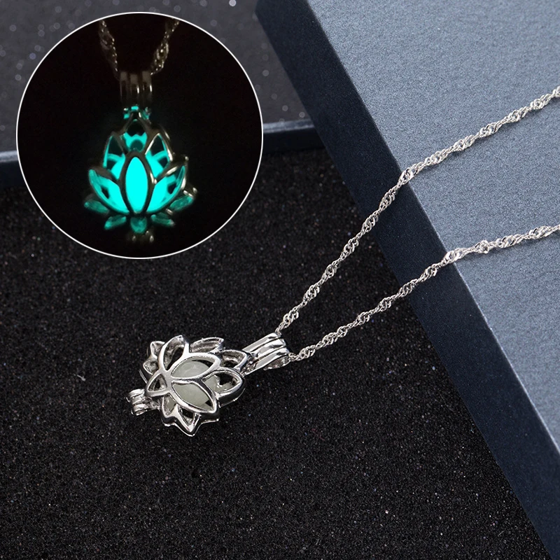 

Luminous Lotus Flower Necklaces Women Men Fluorescent Stone Pendant Alloy Chain Necklace Healing Yoga Pendants Jewelry Gifts
