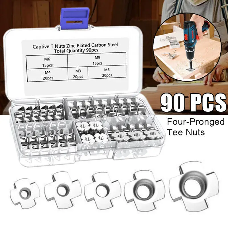 

90Pcs/Box M3/M4/M5/M6/M8 Zinc Plated Carbon Steel Four Claws Nut Speaker Nut T-nut Blind Pronged Tee Nut Furniture Hardware