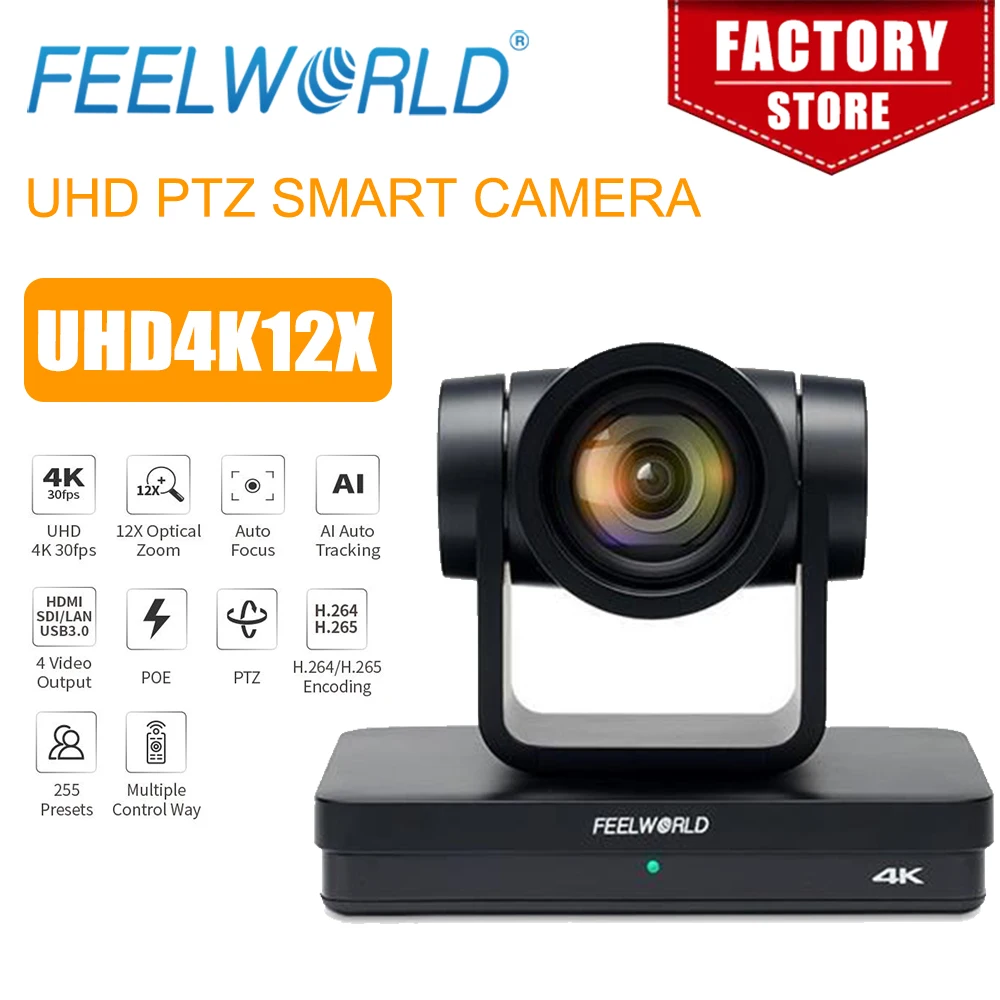 Камера FEELWORLD 4K PTZ UHD4K12X USB POE 12X оптический зум Автофокус SDI HDMI IP 4K 30FPS пульт дистанционного управления для видеоконференции