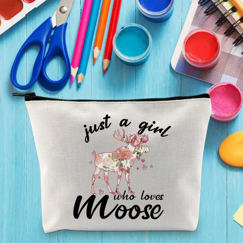 Funny Animal Lover Makeup Zipper Pouch Bag Gift For Women Girls - Just A Girl Who Loves Moose Make Up Cosmetic Bag For Moose Lov