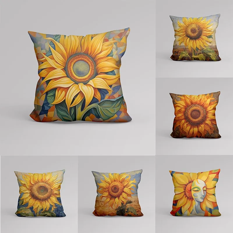 

Light Luxury Oil Painting Sunflower Cushion Cover Decorations For Home Ornament Happy New Year Christmas Decor 2023
