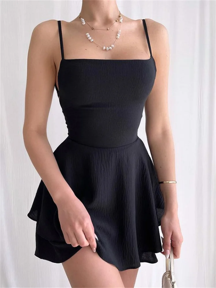 

hirigin Sexy Women Suspender Strap Playsuits Fashion Square Neck Tie-up Backless Double-layer Ruffles Short Dress Jumpsuits 2022