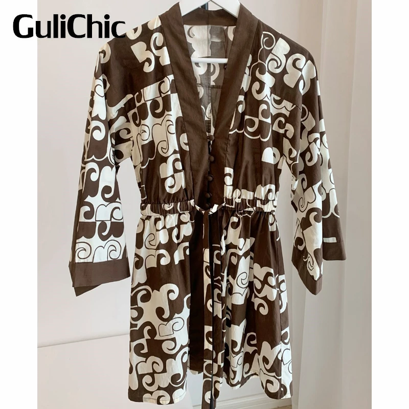 

7.24 GuliChic Women Fashion Vintage Print V-Neck Long Sleeve Single Breasted Drawstring Collect Waist Dress