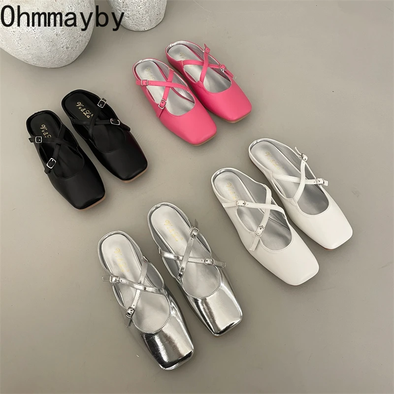 

2022 Design Women's Mules Flats Heel Summer Elegant Square Toe Slippers Ladies Casual Outdoor Candy Colors Slides