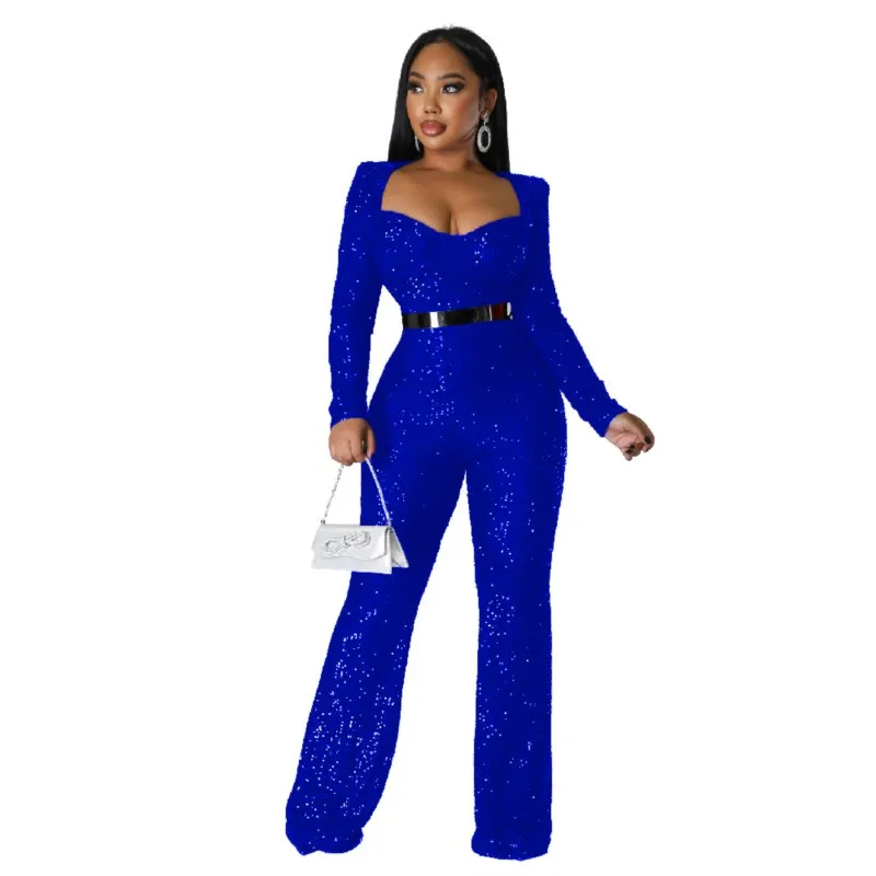 

Spring 2023 Wrapped Chest Slim Sexy Jumpsuit Bodysuit Solid Color Sequined Long Sleeve African Women's Elegant Party Playsuit XL