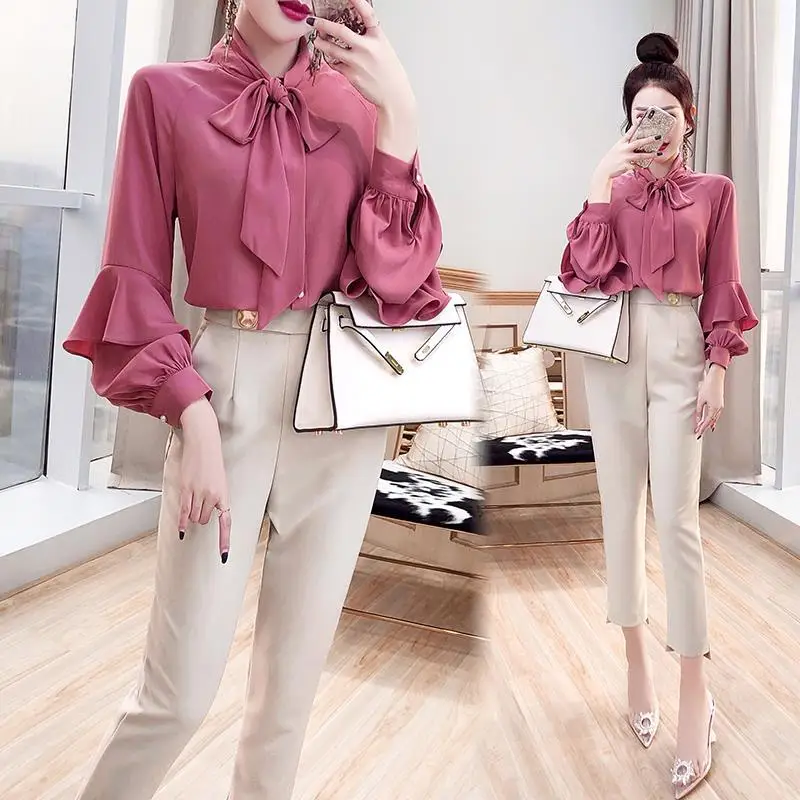 

2022 Spring Autumn Women's Fashion Two Piece Sets Female Bow Long Sleeve Shirt Tops Ladies High Waist Straight Pants Suits H156