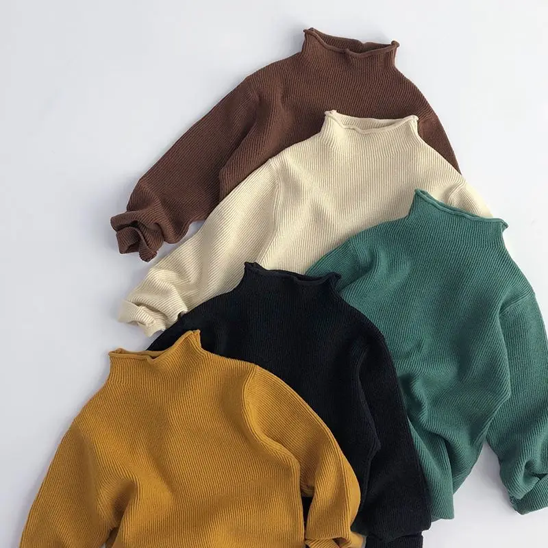 

Kids sweater Autumn Rolled hem high neck knitwear For Boys and Girls solid color bottoming sweater