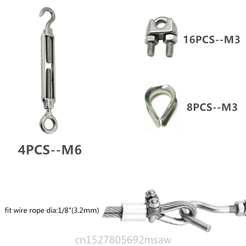 

Stainless Steel hooks sets 4Pcs Turnbuckle/Tension(Eye&Hook, M6) +16Pcs 1/8 Inch Wire Rope Cable Clip/Clamp(M3)+8Pcs Thimble(M3)