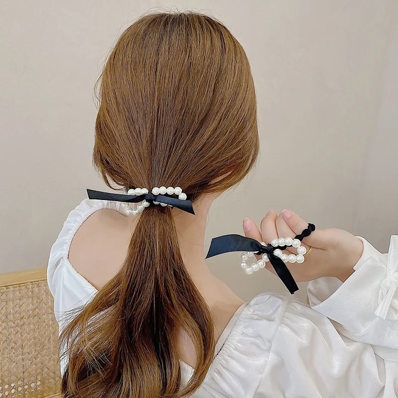 

Женская атласная резинка для волос, элегантная эластичная Винтажная заколка с искусственным жемчугом и бантом, аксессуар для волос для девочек и женщин