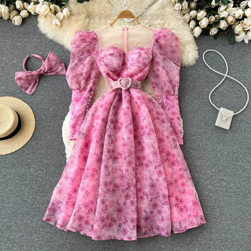 

BULOCHOVA Autumn Designer Mesh Patchwork Print Long Dress Women O Neck Puff Sleeve Ball Gown Dresses Vestidos Belt and Headband