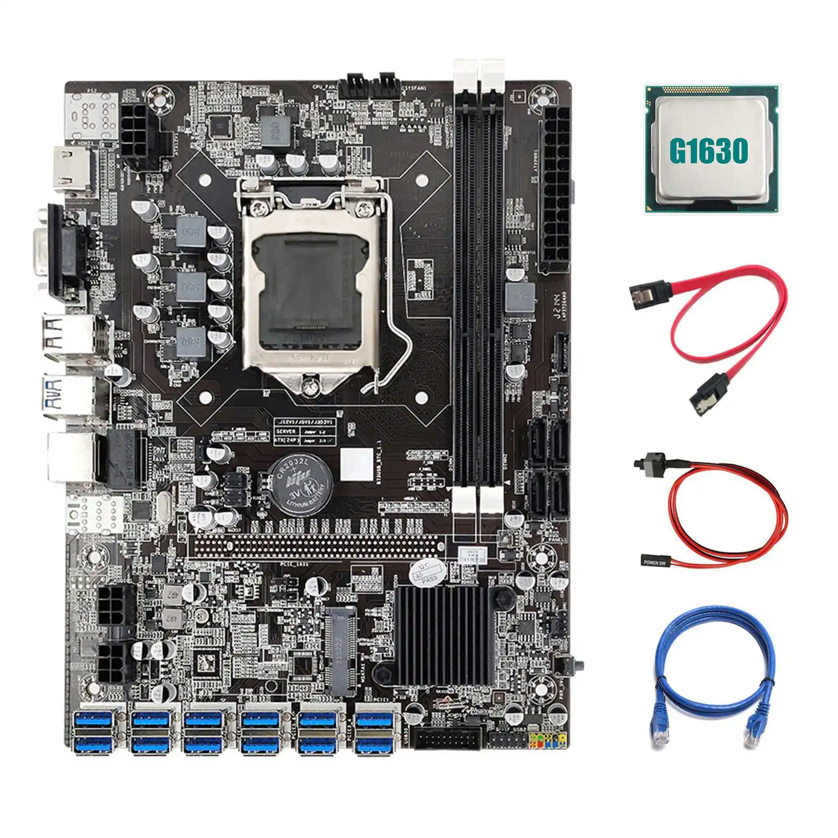 B75 ETH Miner Motherboard 12 PCIE to USB3.0+G1630 CPU+RJ45 Network Cable+SATA Cable+Switch Cable LGA1155 Motherboard