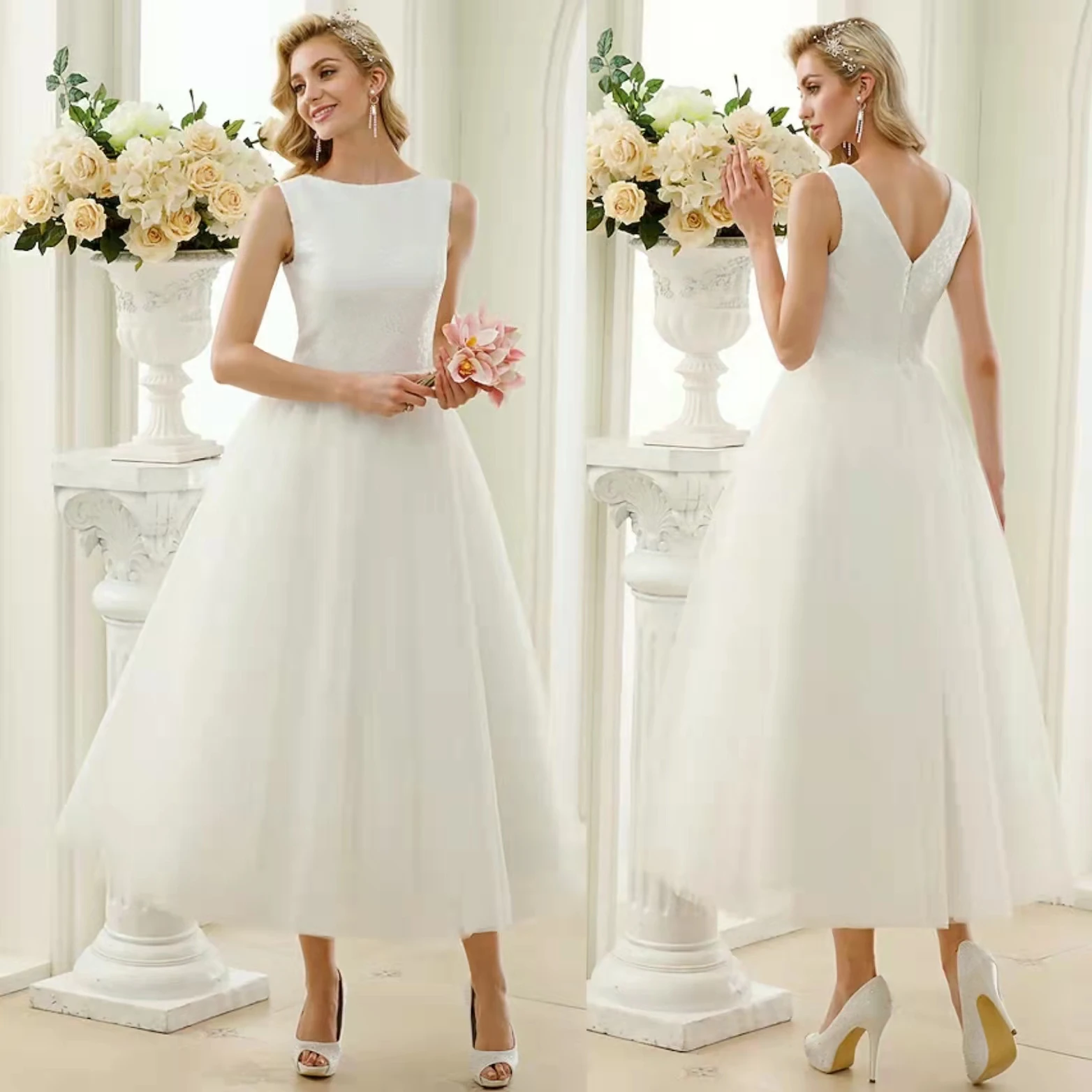 

Женское винтажное платье с блестками, Короткое свадебное платье без рукавов, ТРАПЕЦИЕВИДНОЕ Тюлевое платье цвета слоновой кости, свадебные платья для женщин